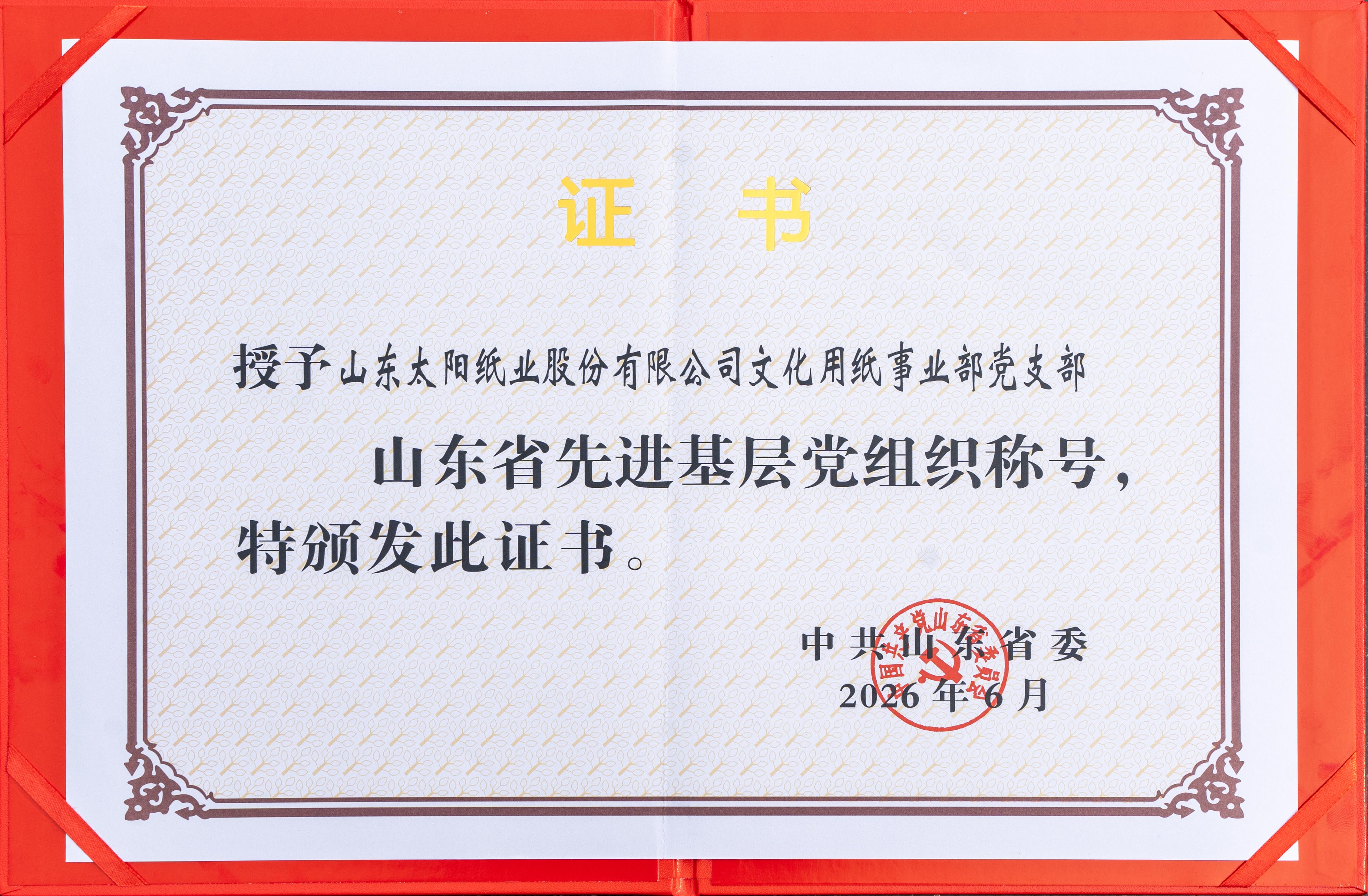 2026.6山东澳门澳门太阳成城成城股份有限公司文化用纸事业部党支部荣获“山东省先进基层党组织”证书.jpg